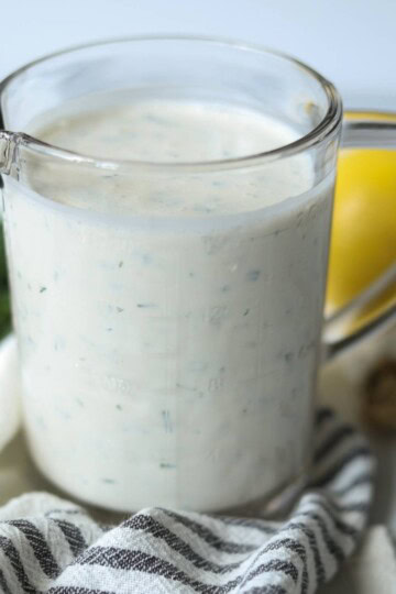 Creamy greek yogurt ranch dressing in dish.