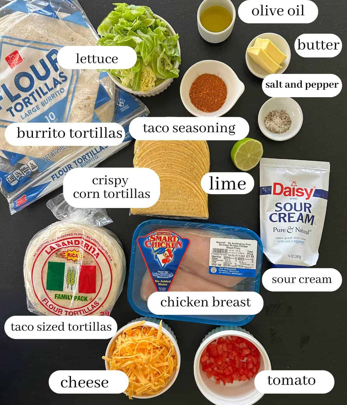 Ingredients for chicken crunch wraps.