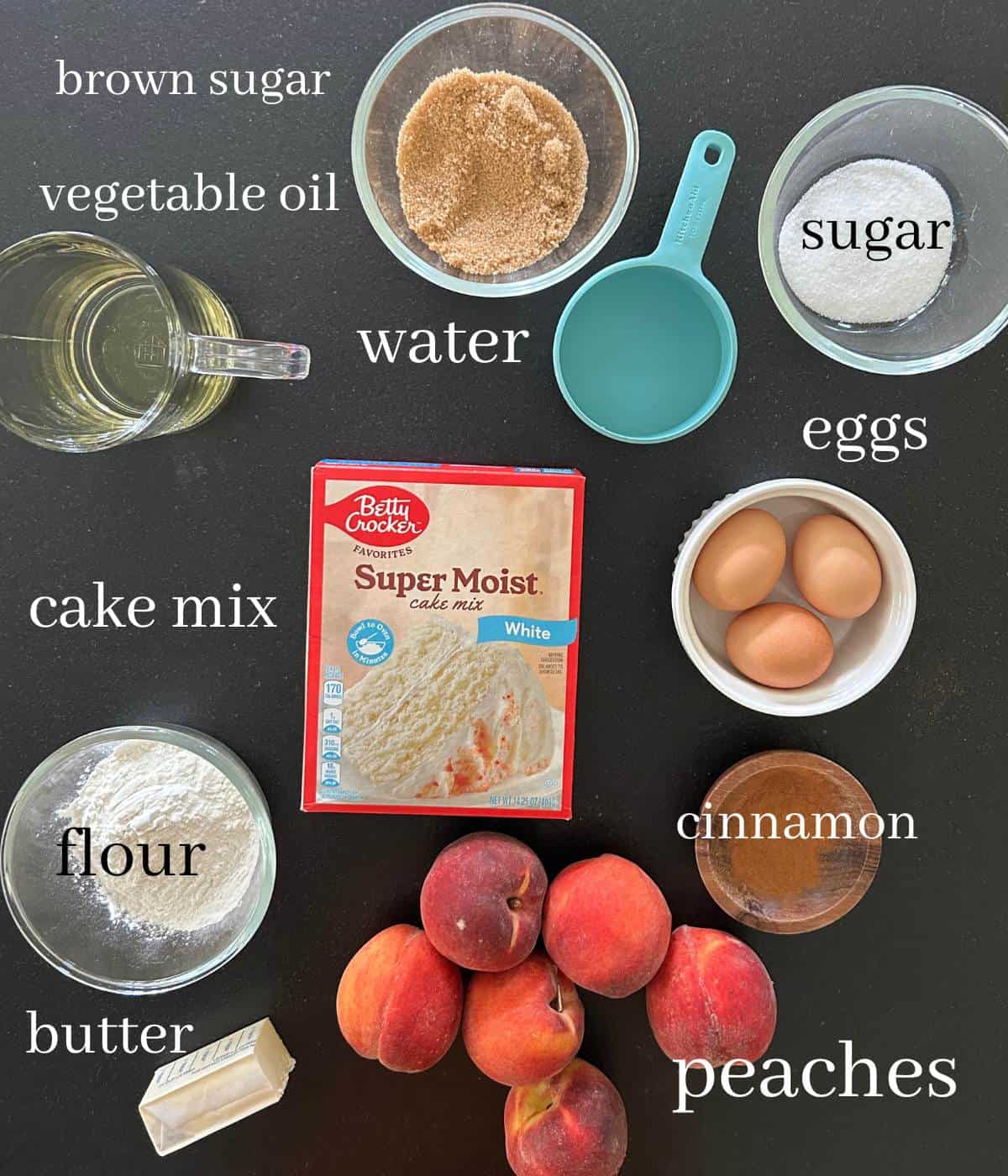 Ingredients for peach crumb cake.