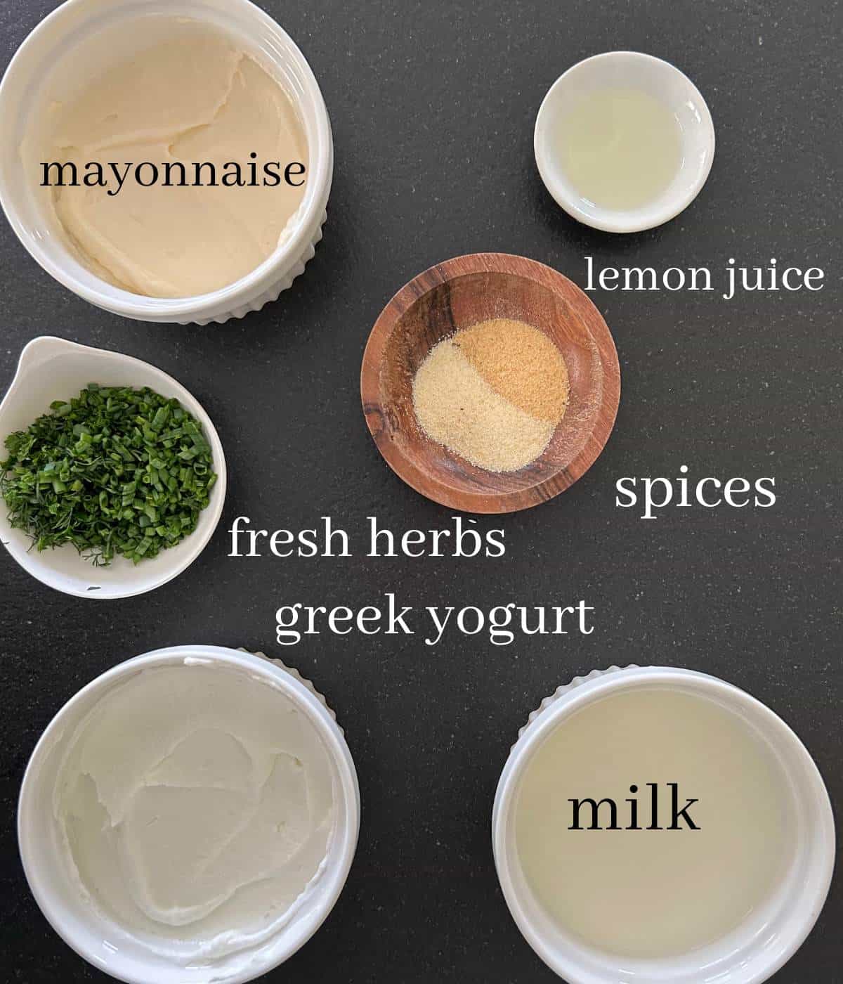 Ingredients for Greek Yogurt Ranch on countertop.