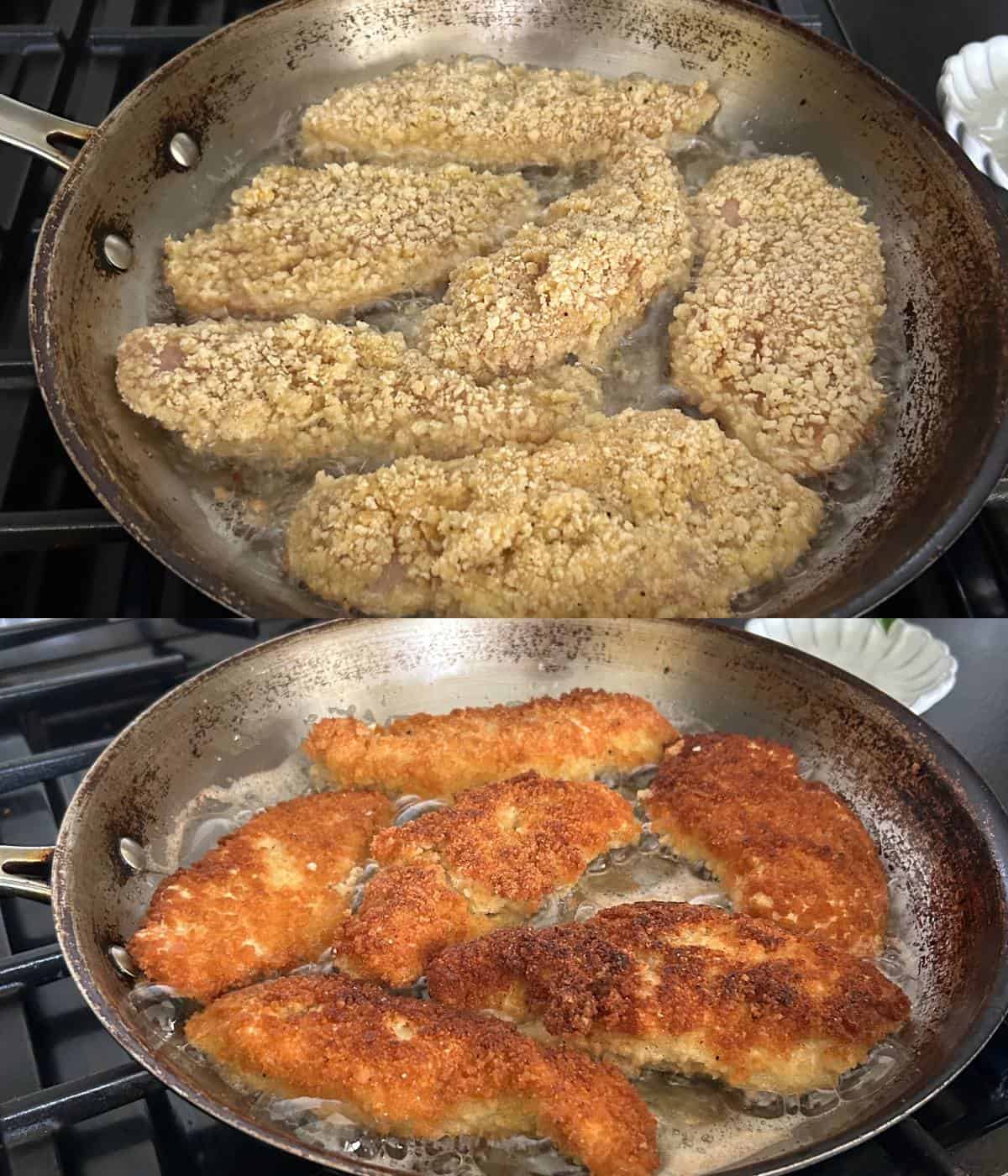 Frying chicken tenders in the skillet.