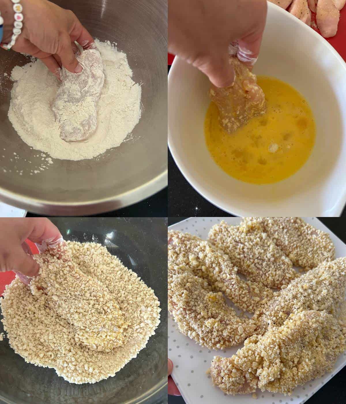 Breading the chicken tenders in flour, egg, then panko bread crumbs.