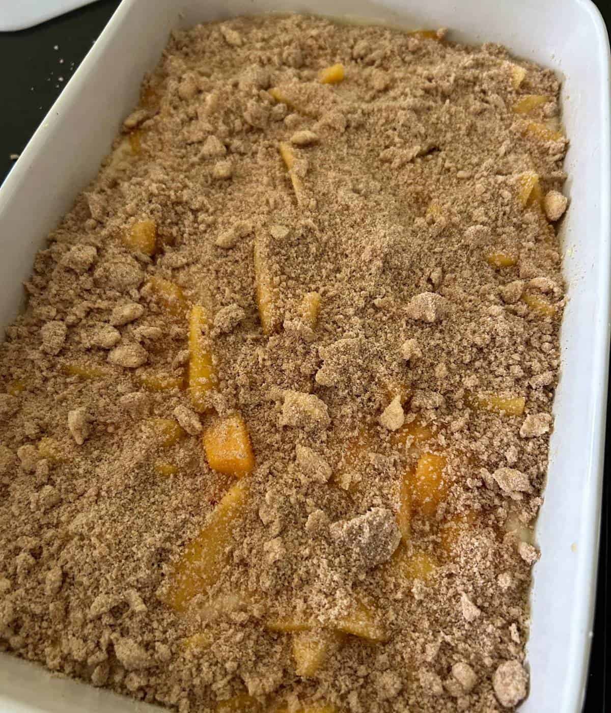 Peach crumble cake about to bake.