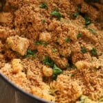 Chicken broccoli pasta with crispy topping.