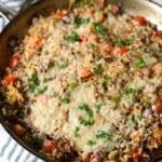 Deconstructed stuffed peppers in skillet.