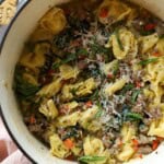 One Pot Beef Tortellini in Dutch oven.
