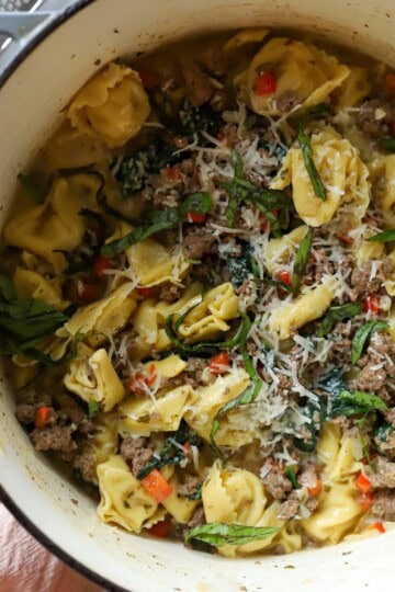 One Pot Beef Tortellini in Dutch oven.