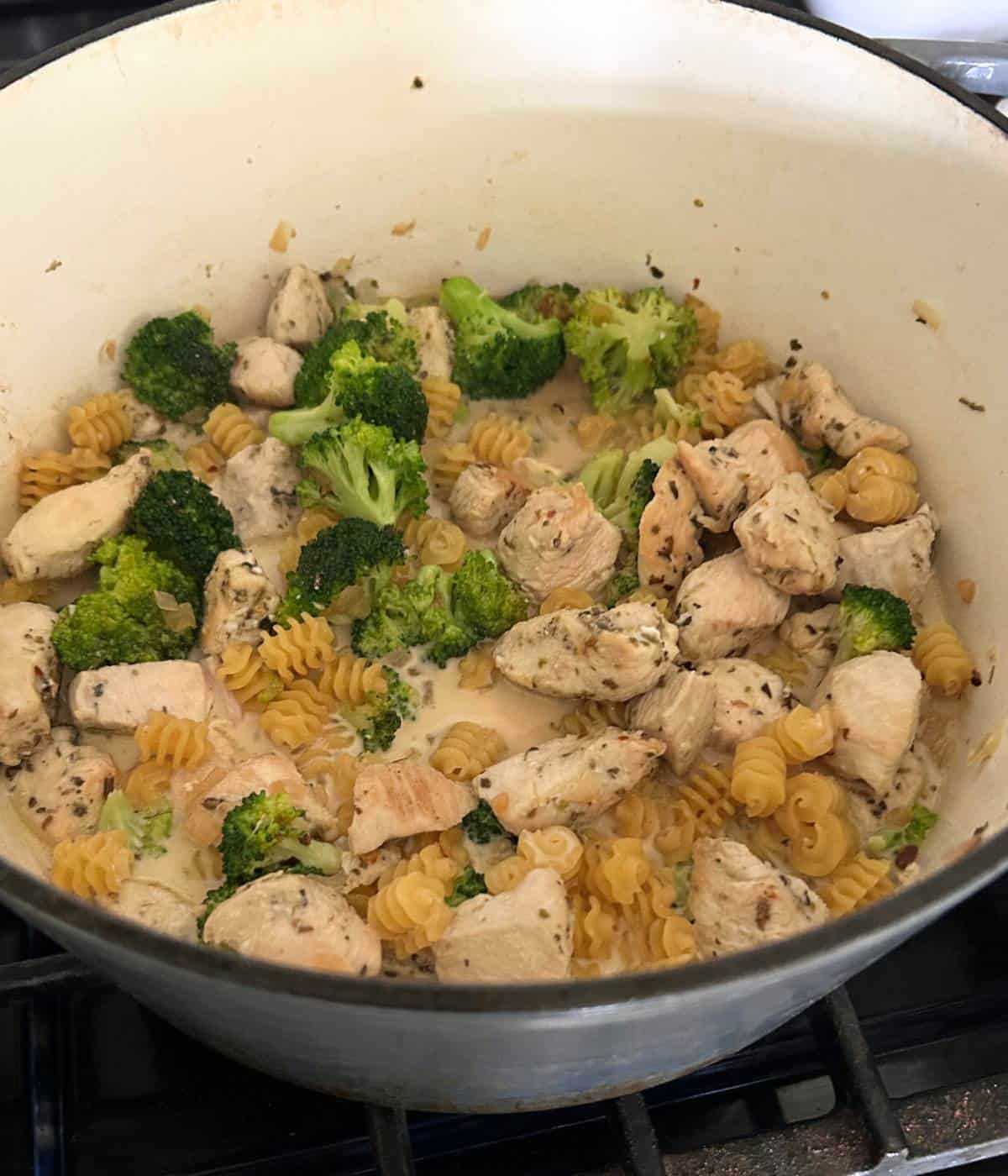 Cooking Chicken and broccoli in dutch oven.