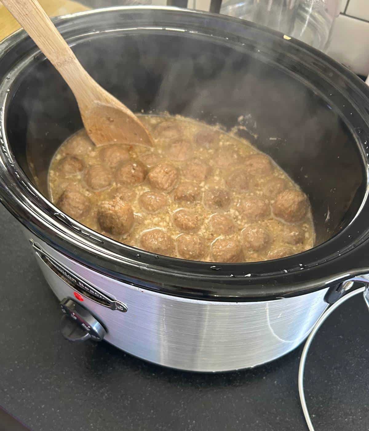 Frozen meatballs in the crockpot.
