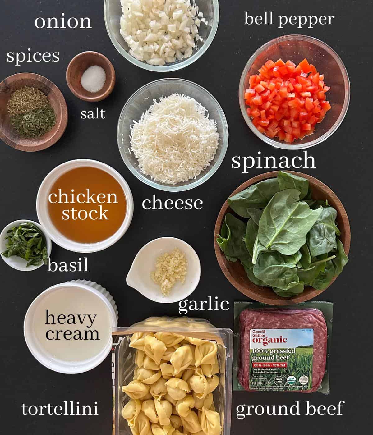 Ingredients for beef tortellini on counter.