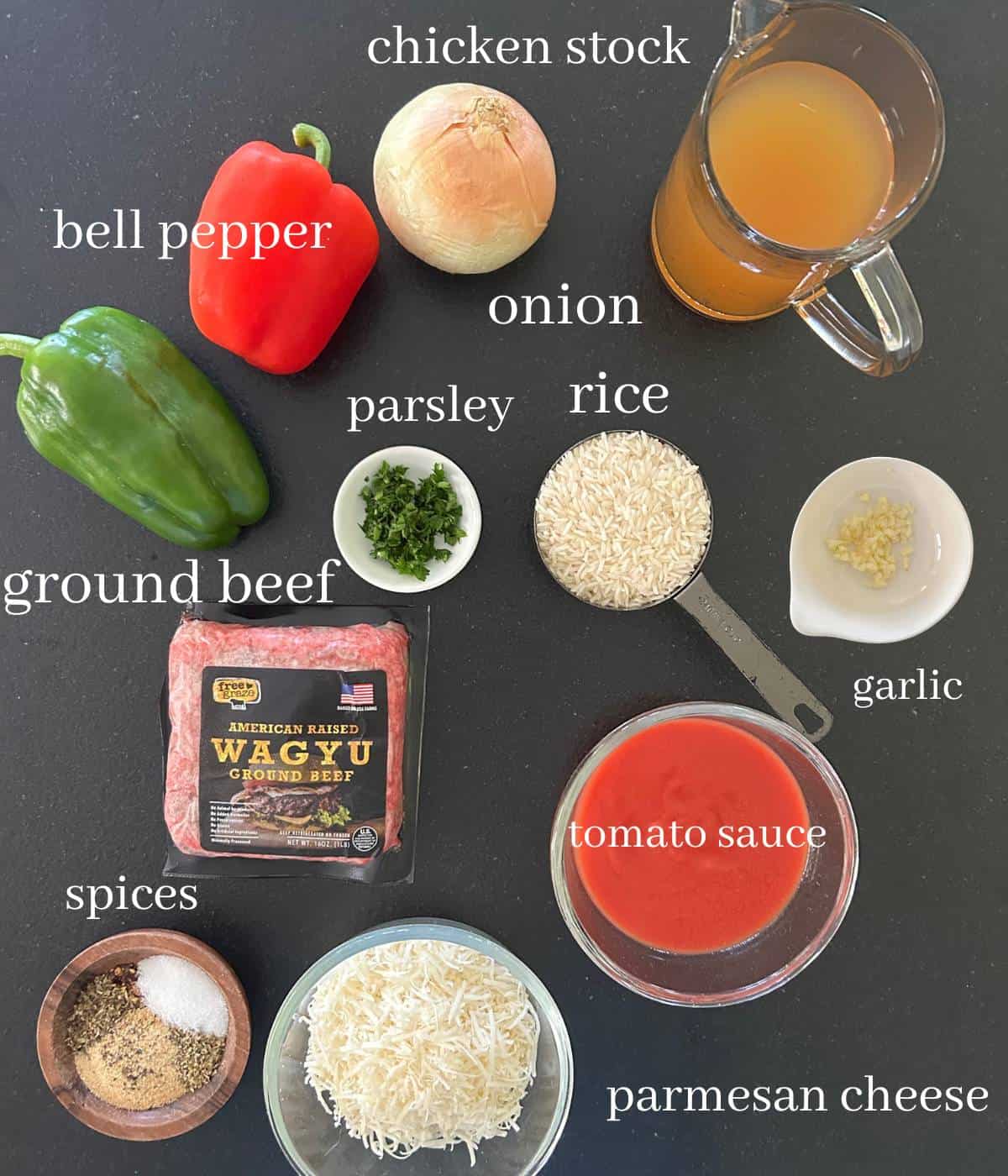 Ingredients for stuffed peppers skillet.