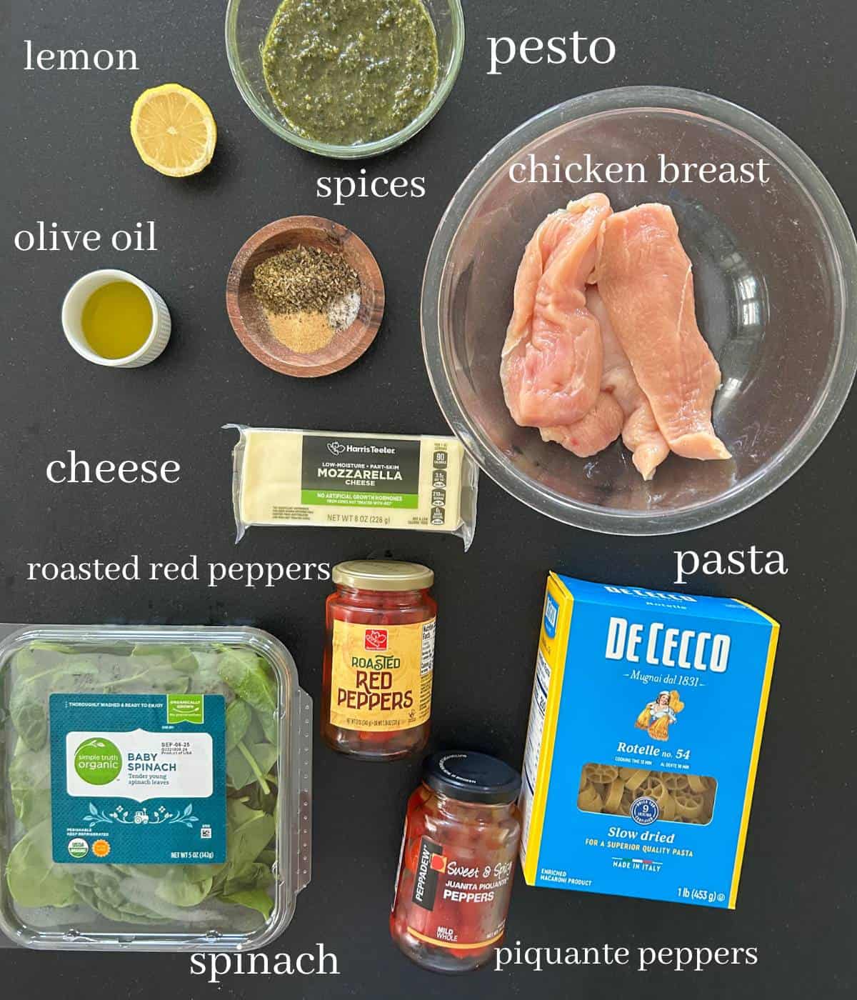 Ingredients for chicken pesto pasta salad.