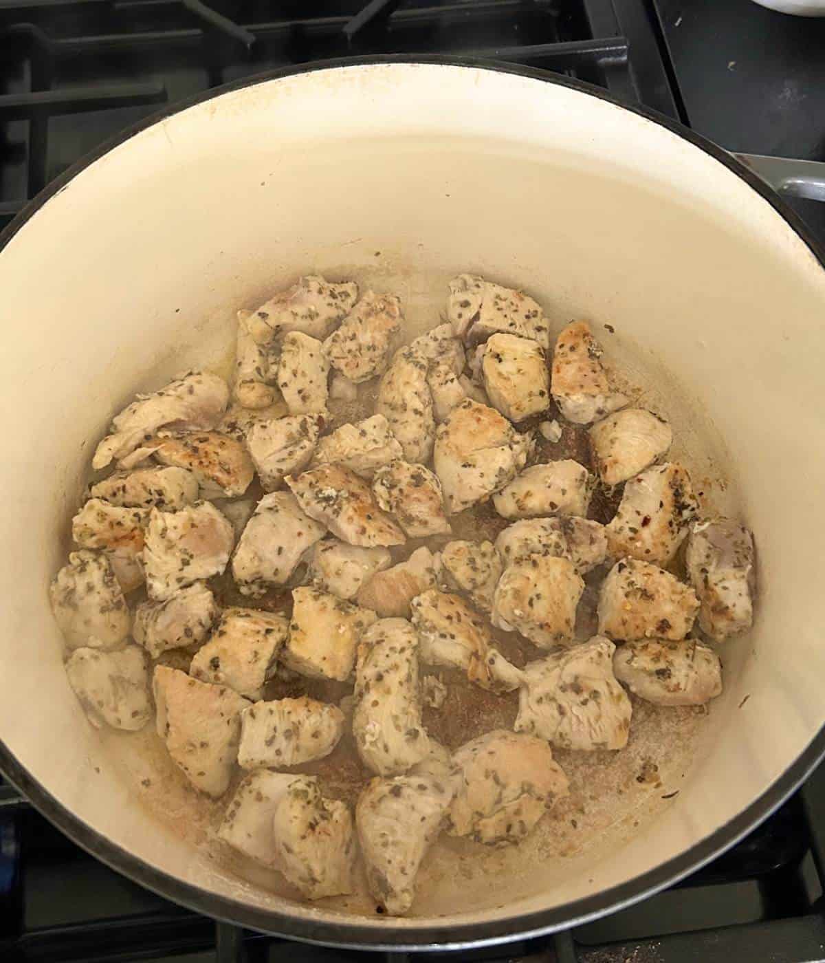 Chicken cooking in dutch oven.