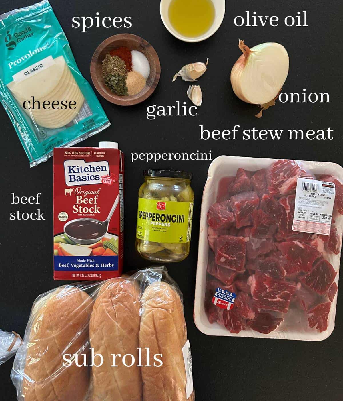 Ingredients for crockpot beef sandwiches.
