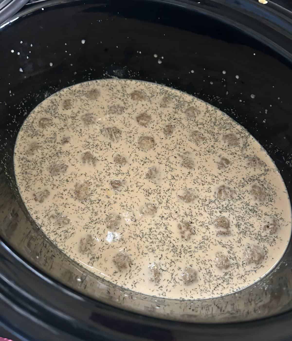 Swedish meatballs in sauce in the crockpot.