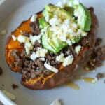 Sweet potatoes stuffed with ground beef.