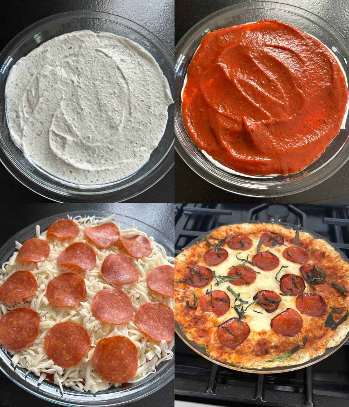 Assembling the pizza dip in pie plate.