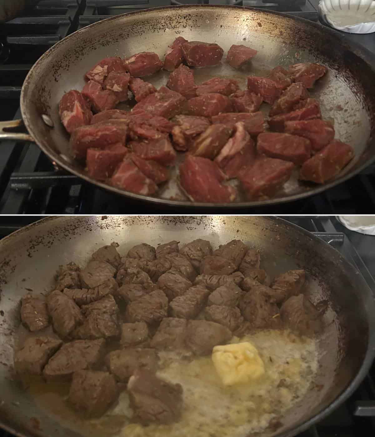 Cooking steak bites in skillet.