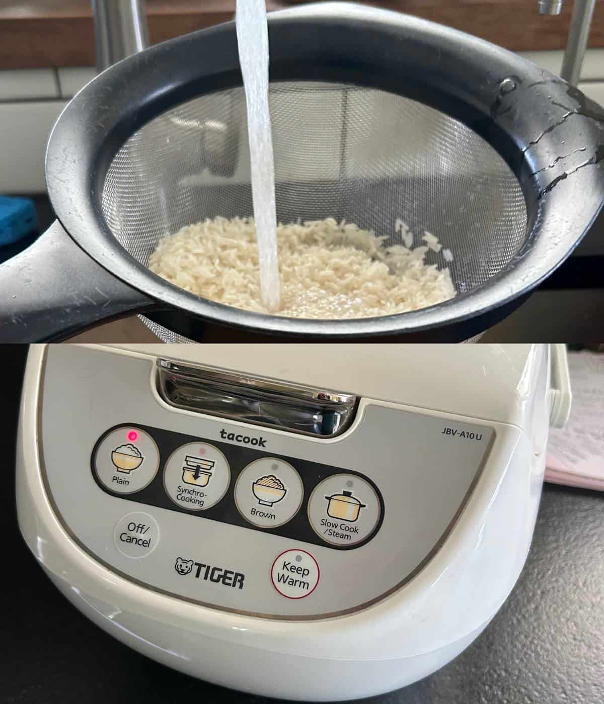 Rinsing and cooking white rice in rice cooker.