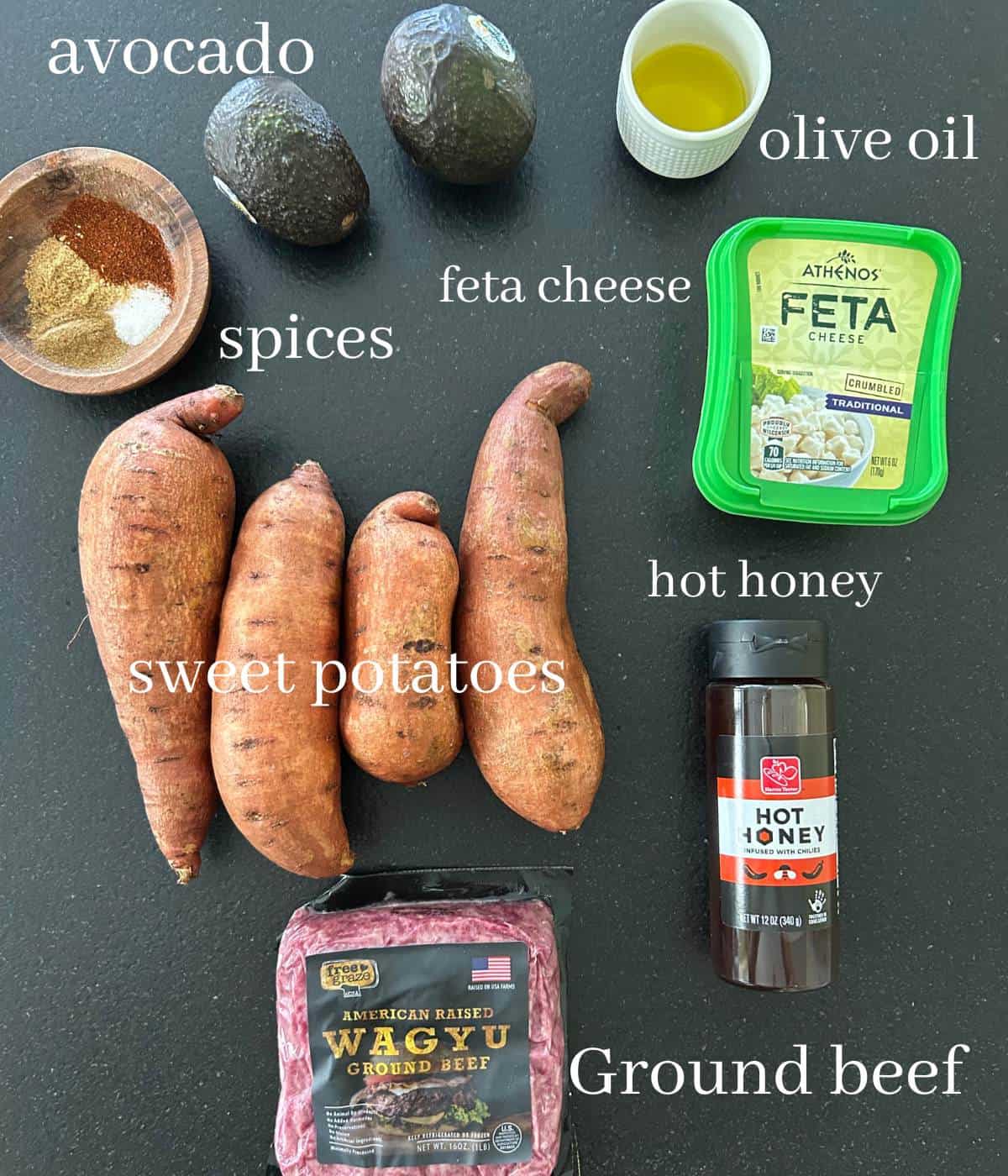 Ingredients for ground beef sweet potatoes.