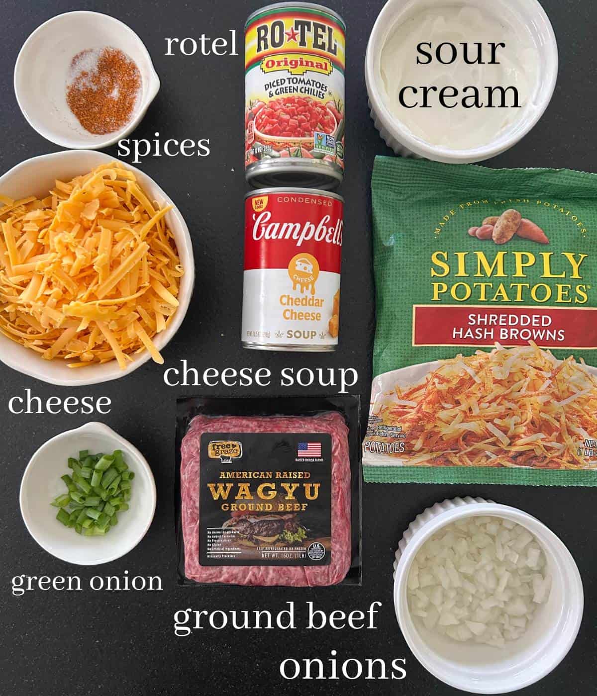 Hamburger Casserole ingredients.