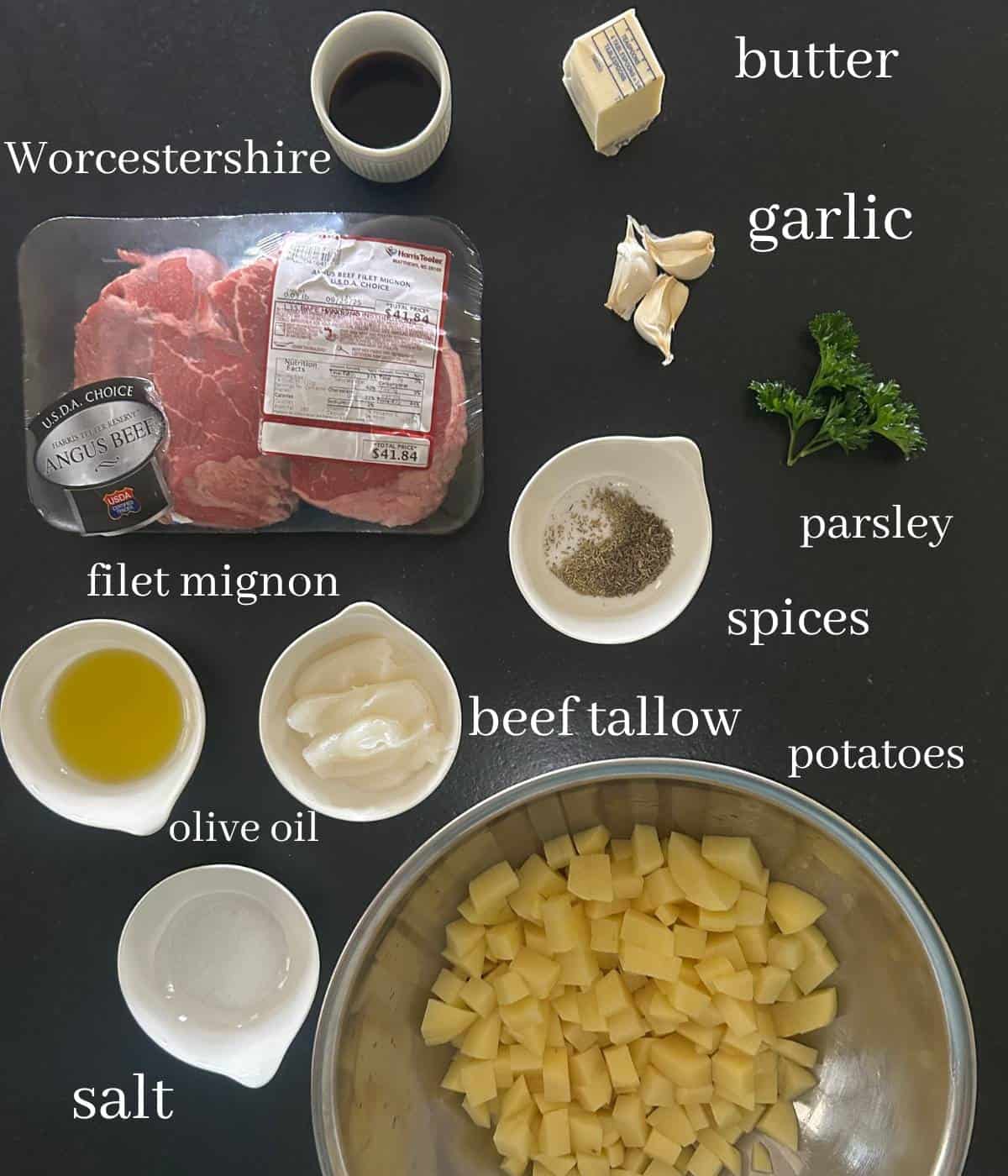 Ingredients for garlic butter steak bites and potatoes.
