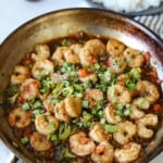 Teriyaki Broccoli and Shrimp stir fry in skillet.