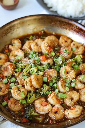 Teriyaki Broccoli and Shrimp stir fry in skillet.
