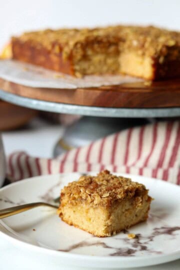 Apple oatmeal cake slice on plate.