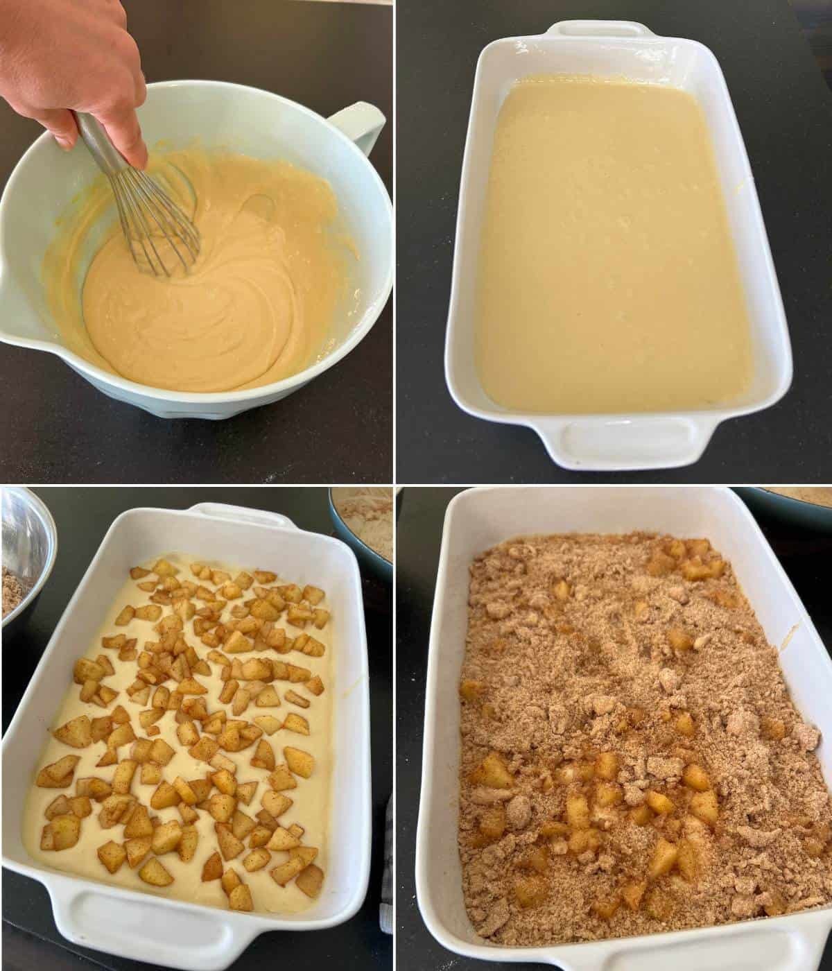 Adding cake layers into casserole.