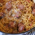 Sausage pasta in pot.