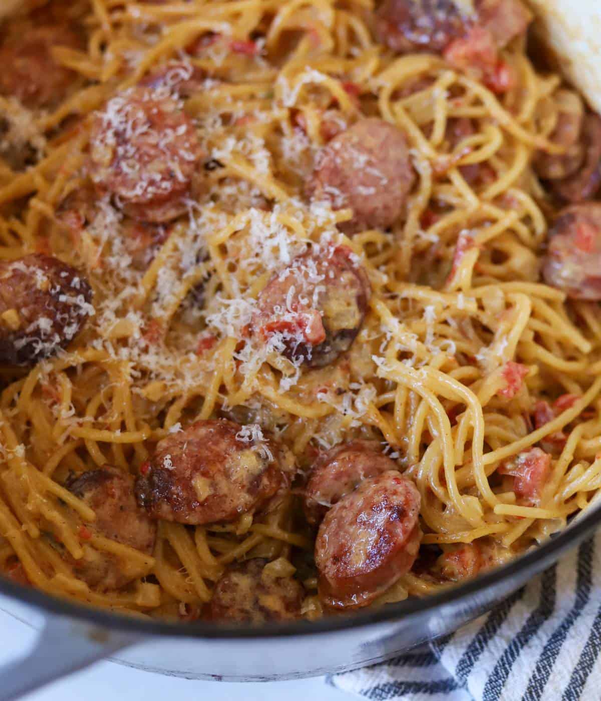 Sausage pasta in pot. 