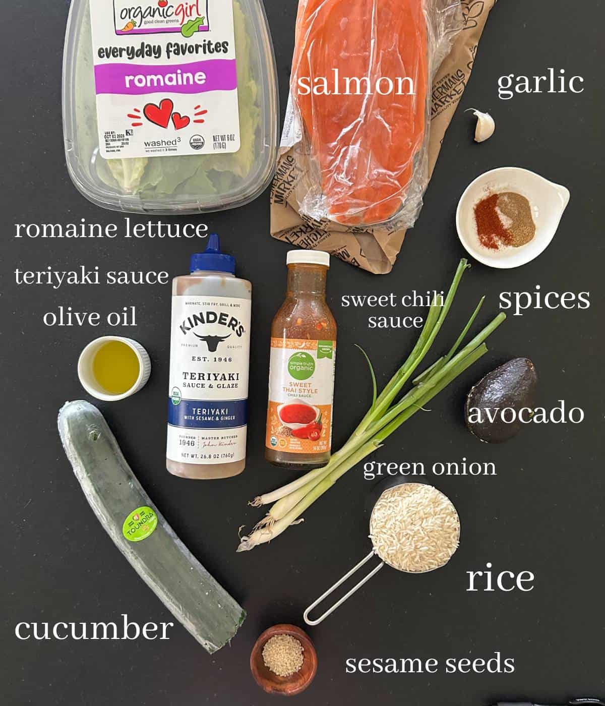 Ingredients for salmon lettuce wraps.