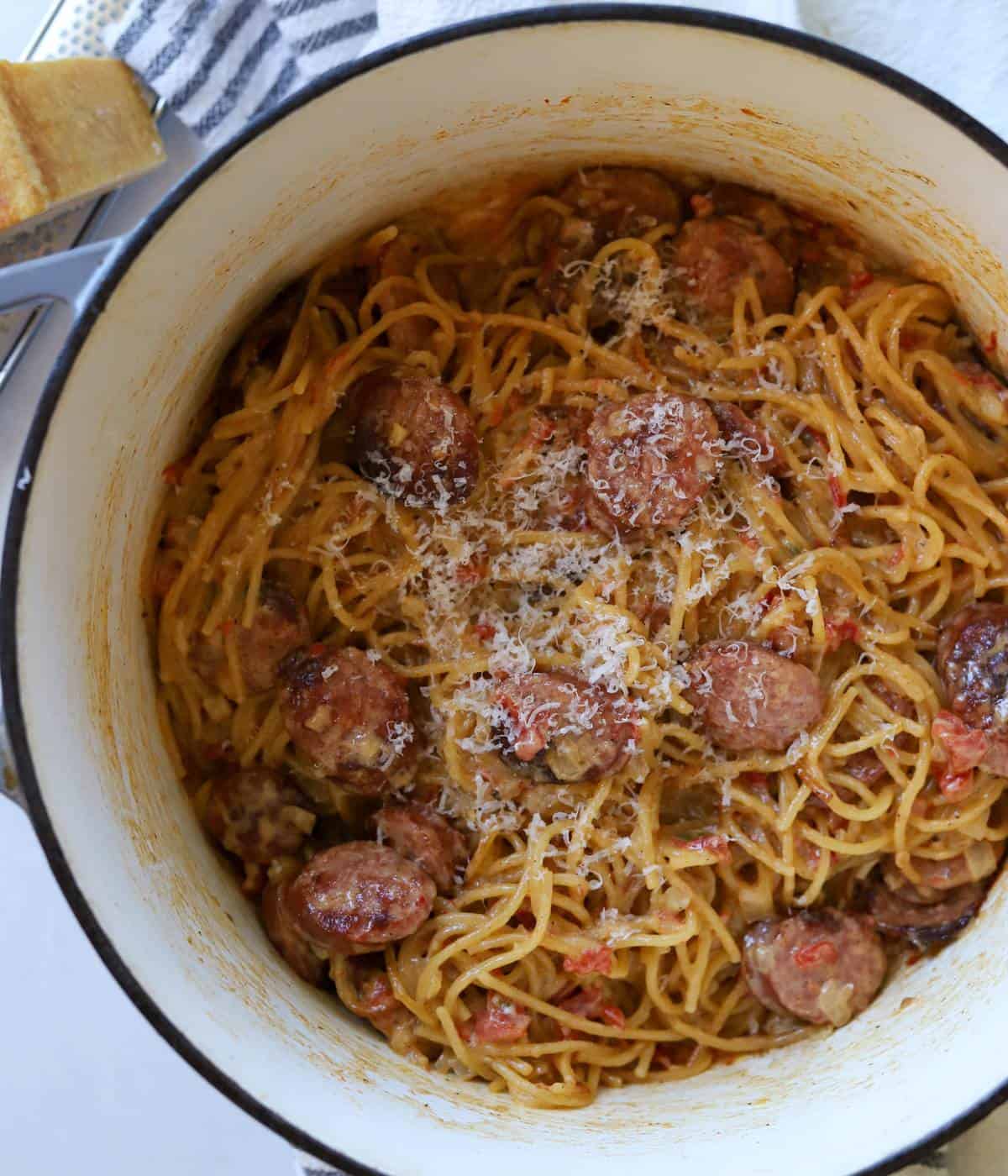 Cajun Sausage pasta with spaghetti in pot.