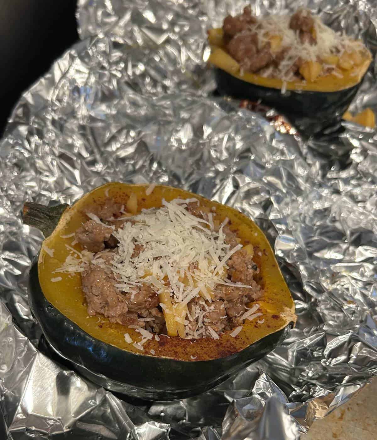 Stuffed acorn squash in foil.
