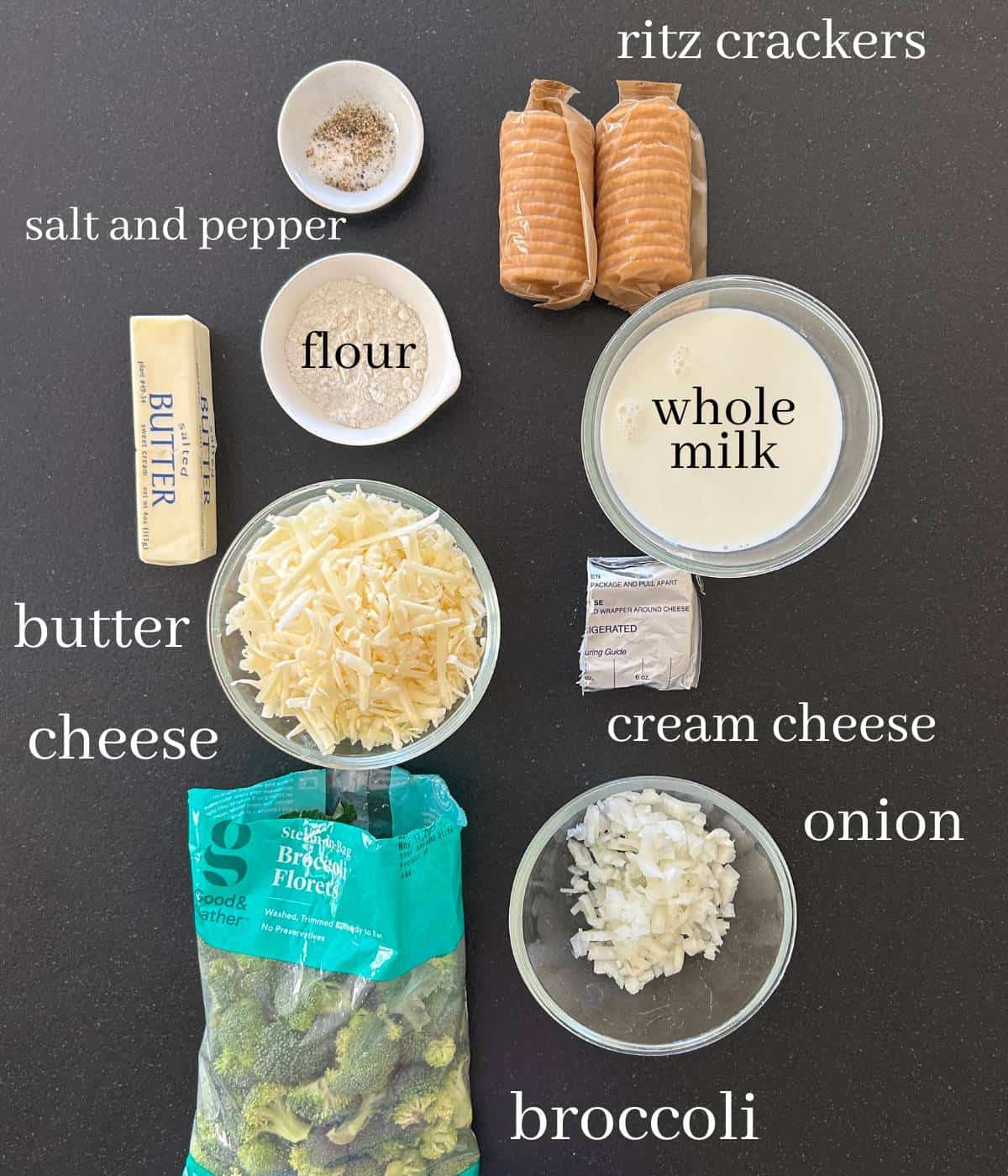 Ingredients for broccoli cheddar casserole.