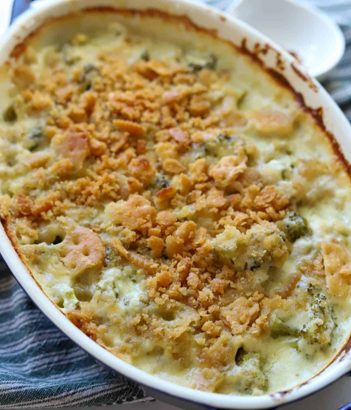 Broccoli cheese casserole with Ritz cracker topping. 