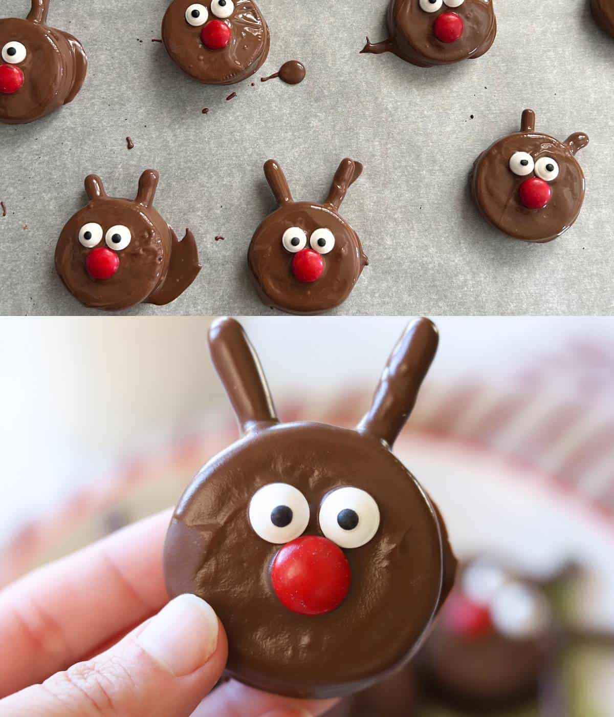 Cookies on parchment paper with eyes and noses.