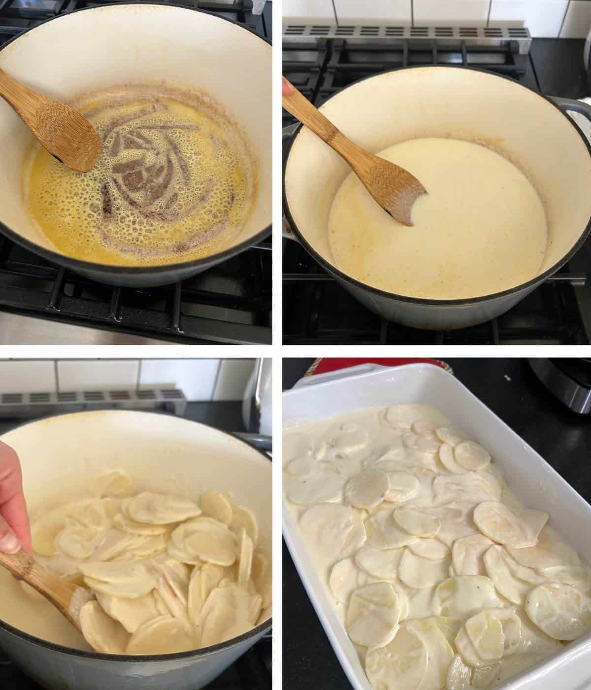 Steps to making creamy sauce for the scalloped potatoes.