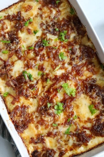 French onion potatoes in casserole dish.