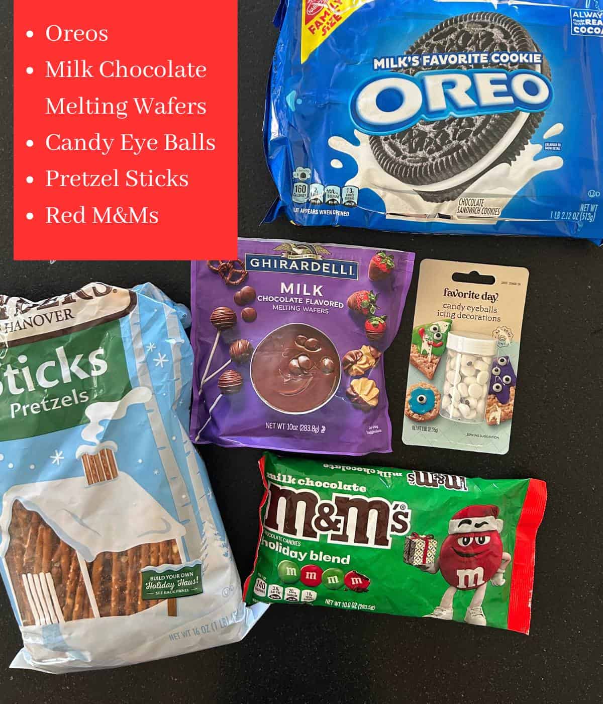 Ingredients for oreo reindeer cookies.