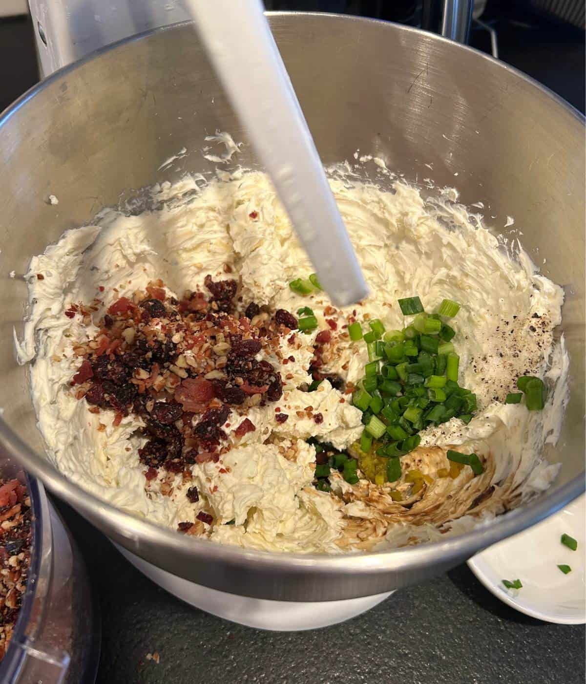 Ingredients for cheese ball in mixing bowl.