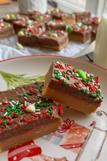 Peanut butter chocolate fudge stacked on plate.