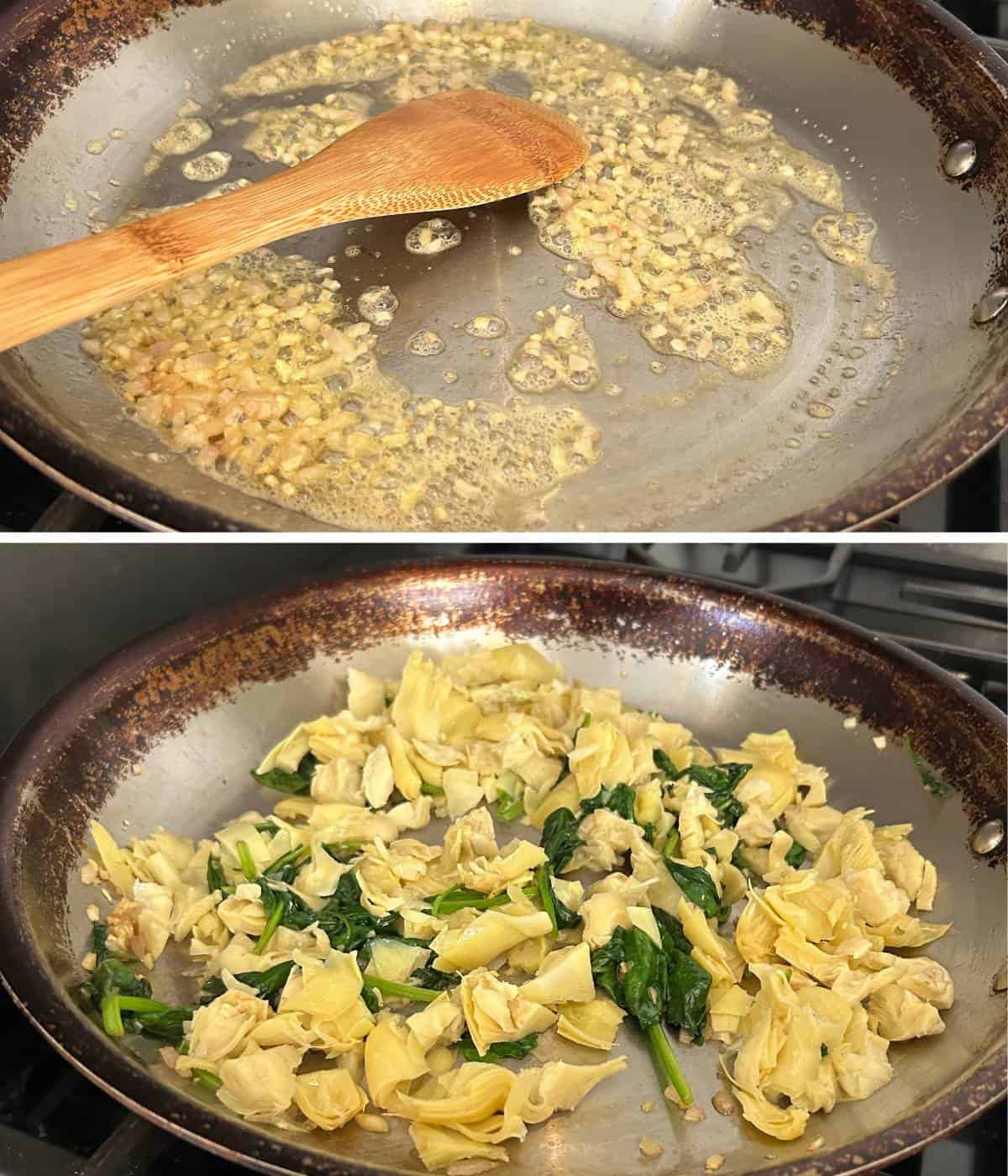 Cooking spinach and artichokes in skillet.