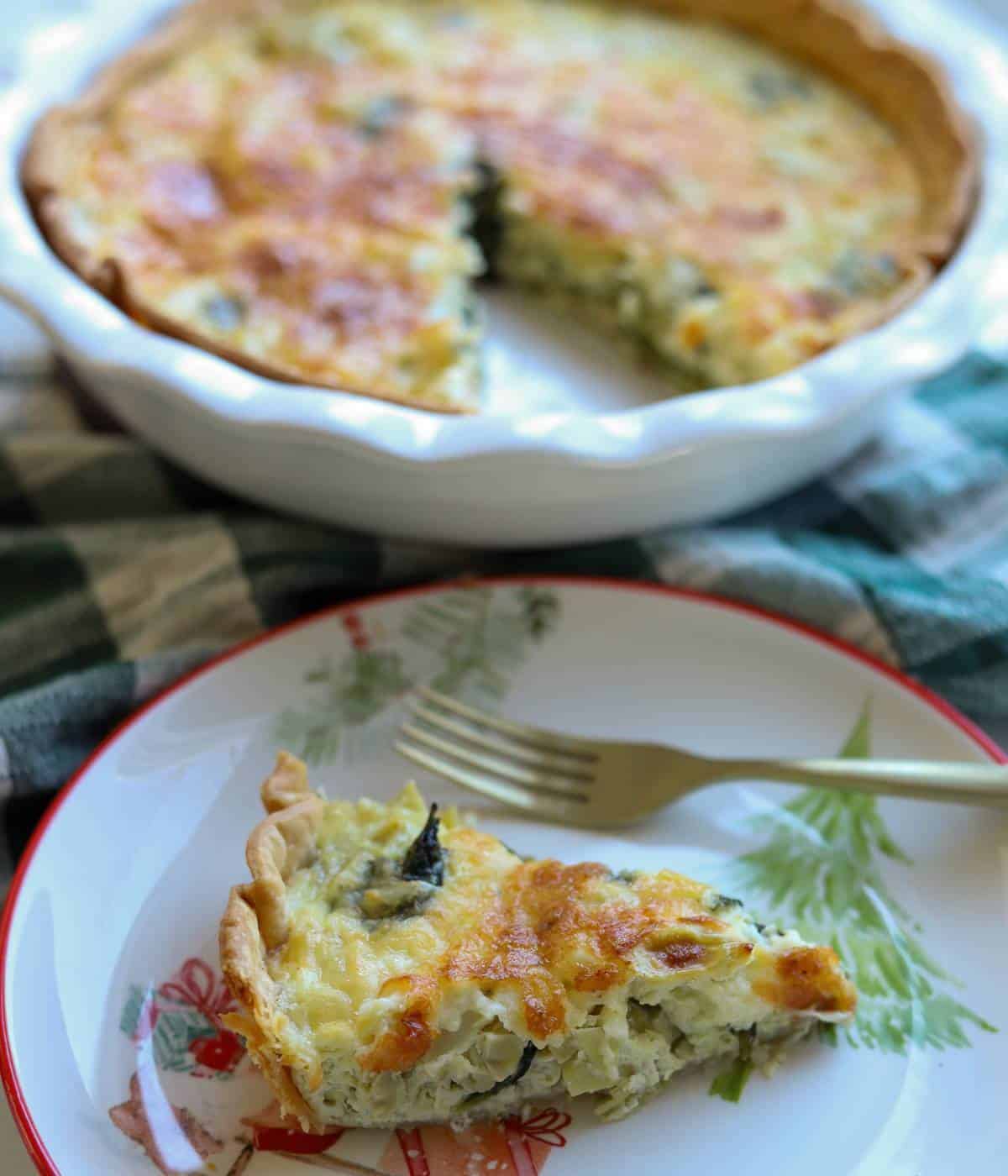 Spinach artichoke quiche slice.