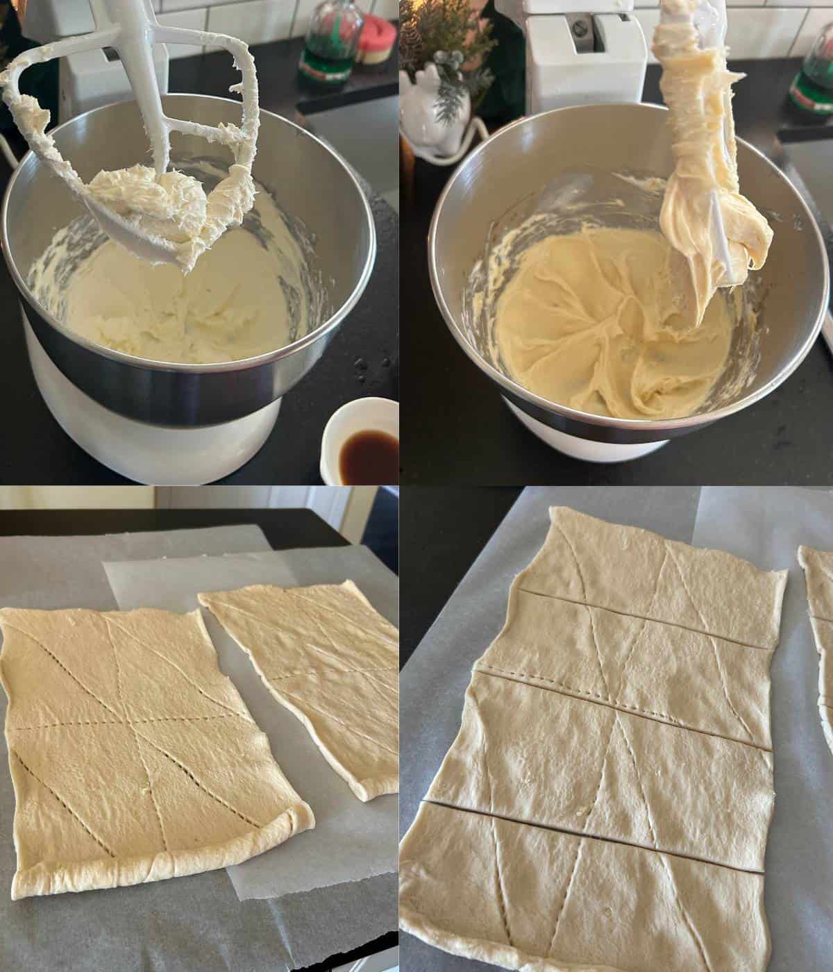 Steps to making filling and cutting crescent dough.