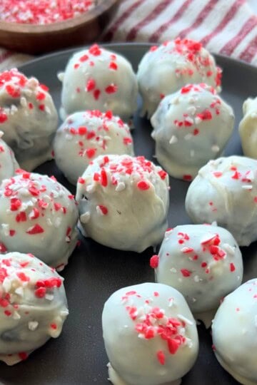 White Chocolate Truffles with peppermint topping.