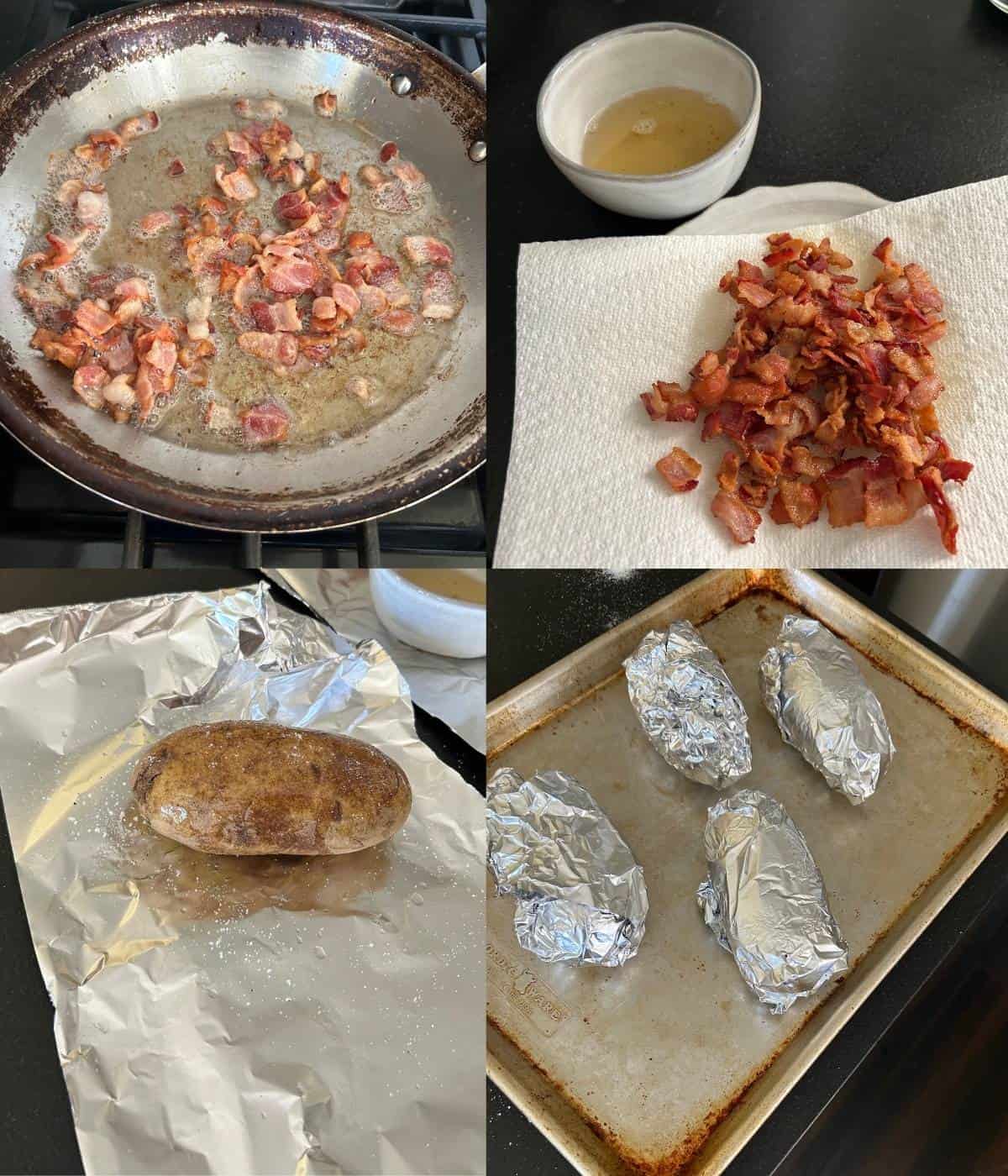 Cooking bacon and wrapping potato skins for oven baking.