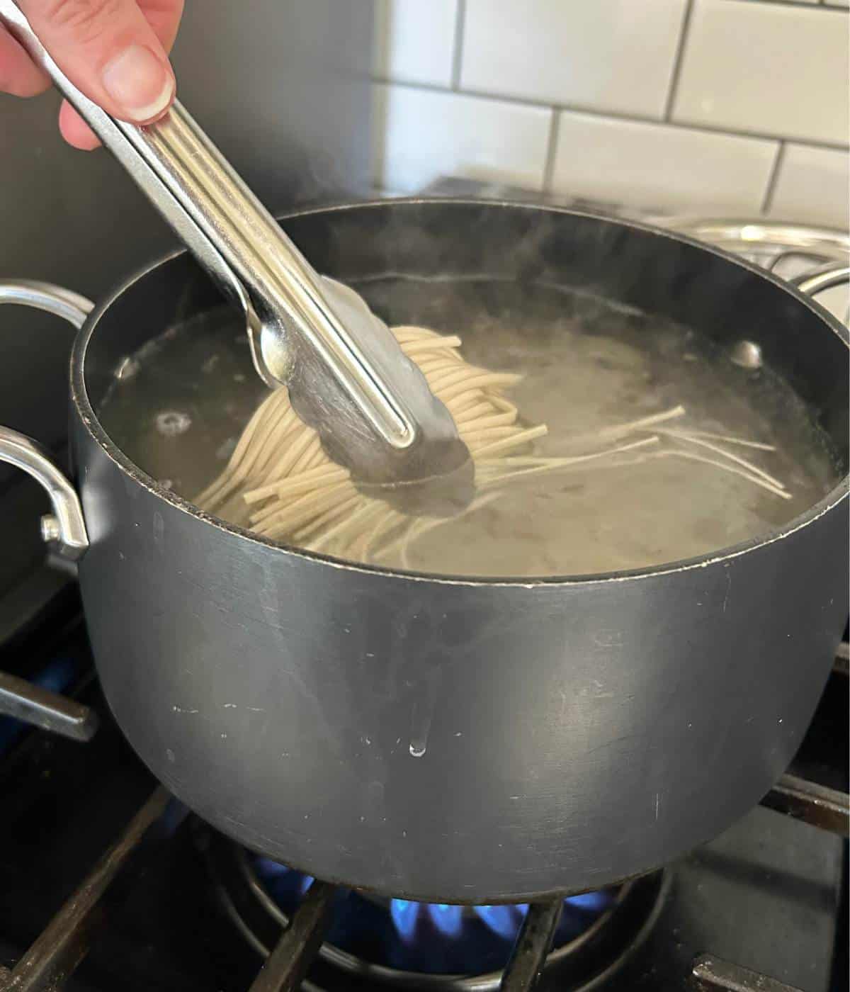 Cooking udon noodles in pot.