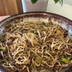 Broccoli and noodles with ground beef stir fry.